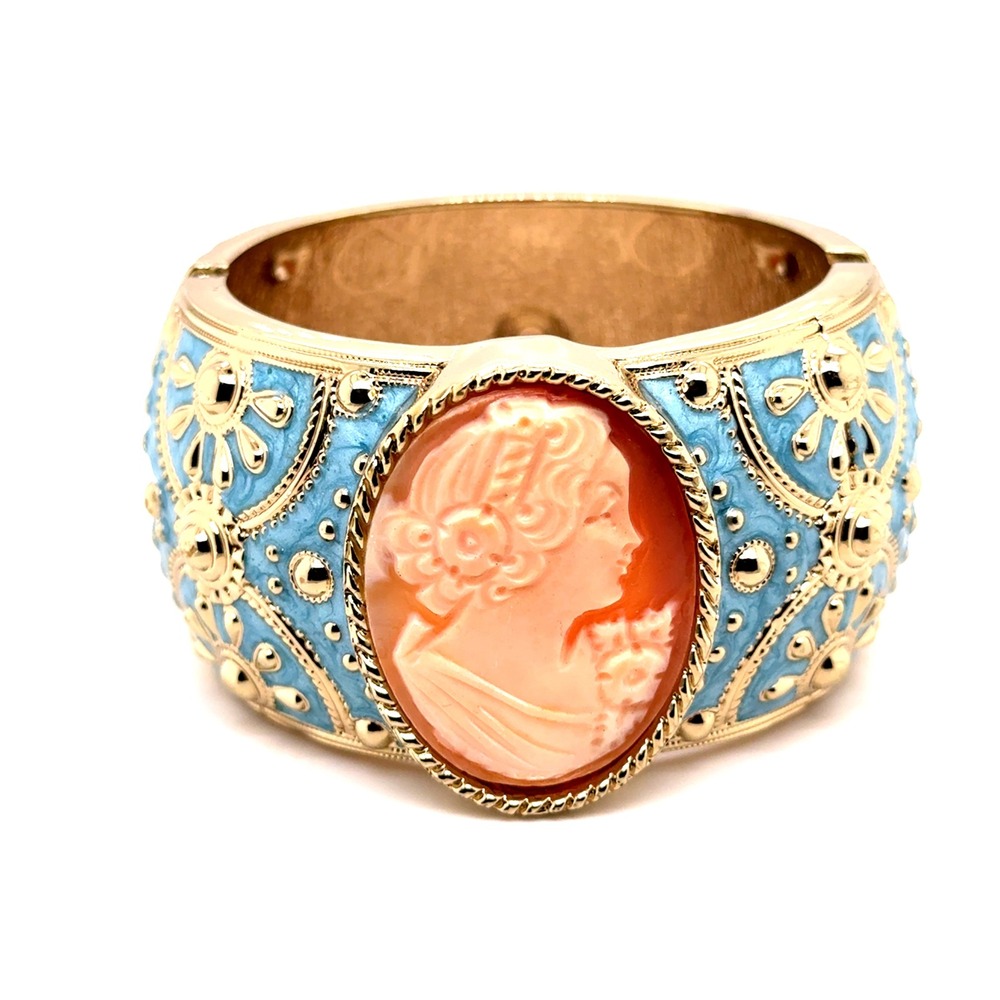 Amedeo Chunky Cameo Hinge Cuff Bracelet Gold Tone Blue Enamel Floral Signed